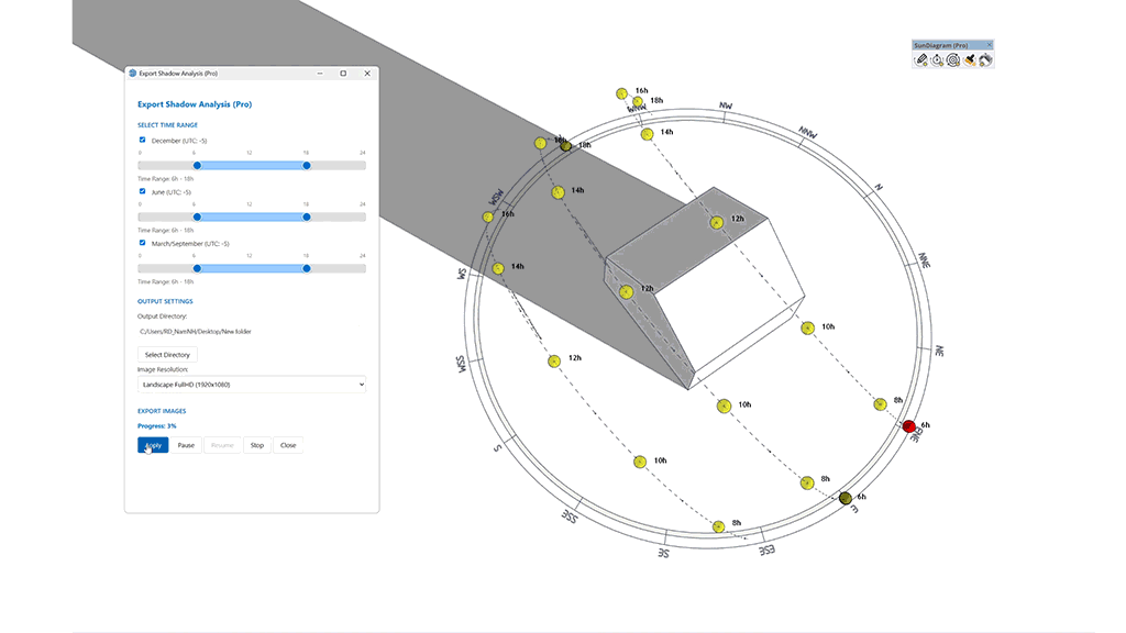 Batch export shadow and Sun position images with a single click.